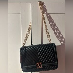 Black Quilted Shoulder Bag with Gold Chain